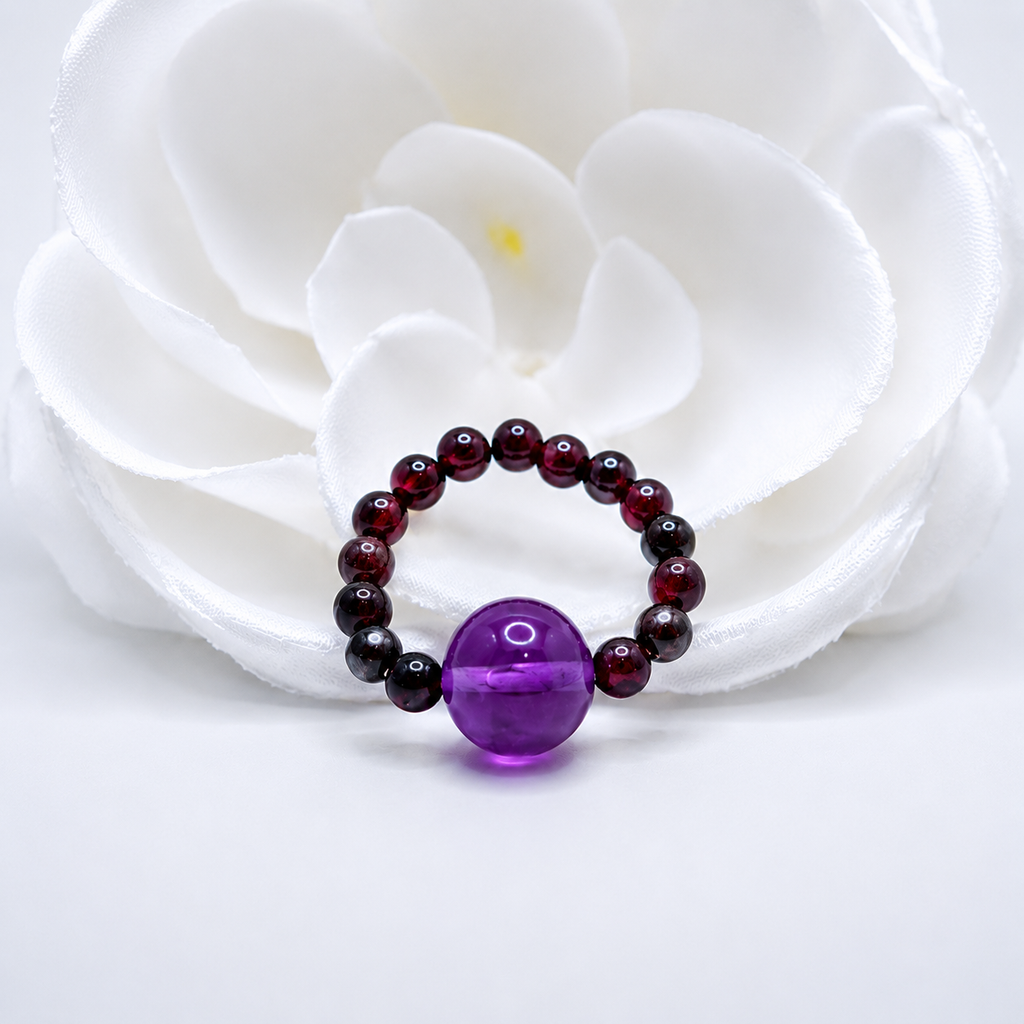 Natural Amethyst & Garnet Beaded Ring