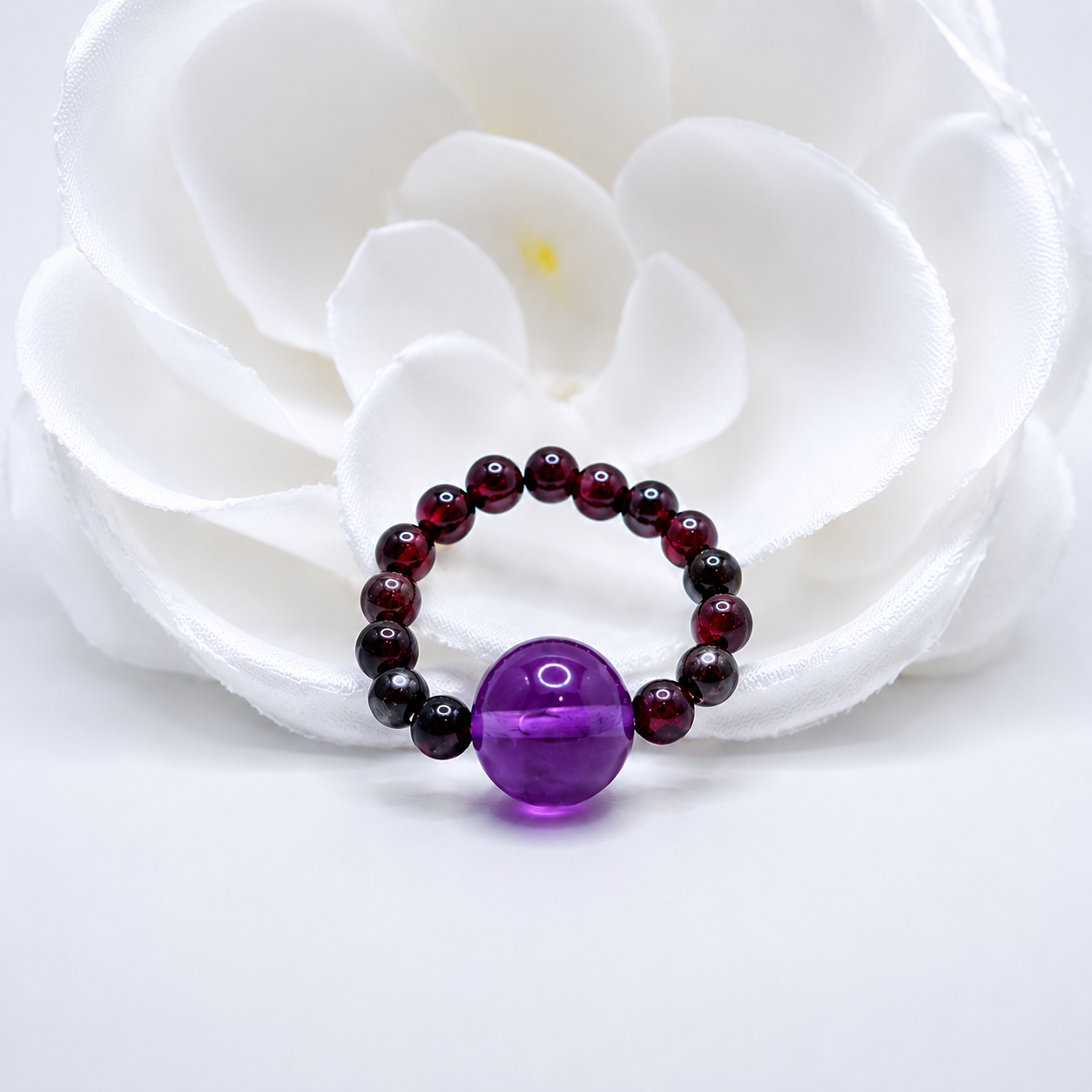 Natural Amethyst & Garnet Beaded Ring