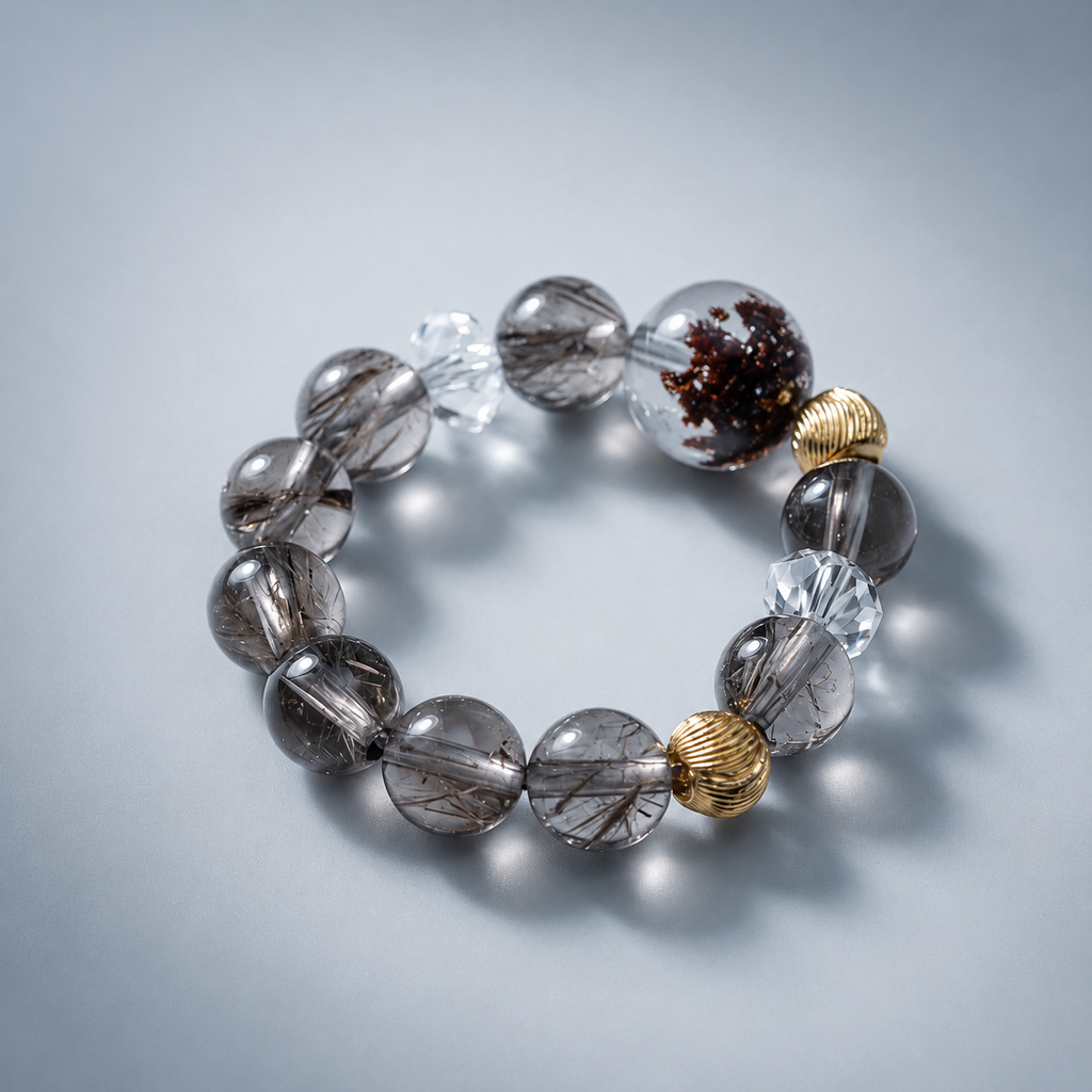 Natural Smoky Quartz & White Phantom Crystal Ring