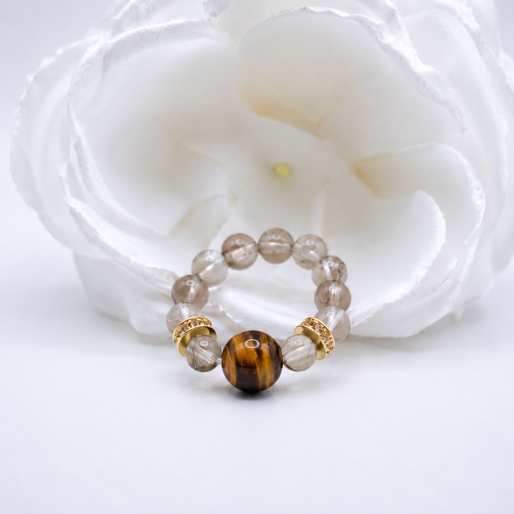 Natural Tiger's Eye & Clear Quartz Beaded Ring