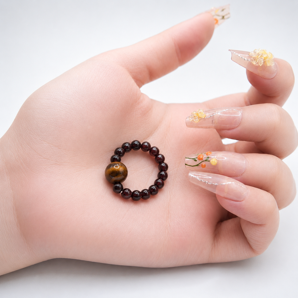 Natural Garnet & Tiger's Eye Beaded Ring