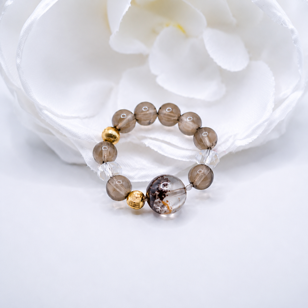Natural Smoky Quartz & White Phantom Crystal Ring