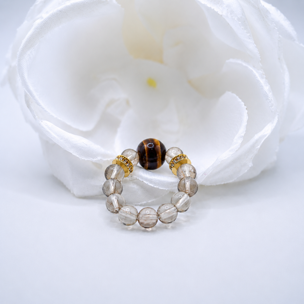 Natural Tiger's Eye & Clear Quartz Beaded Ring
