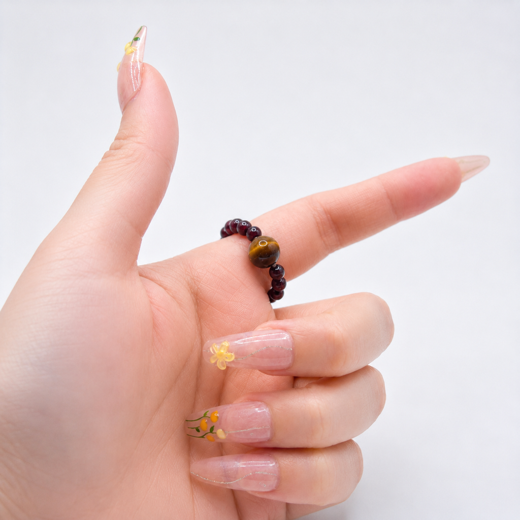Natural Garnet & Tiger's Eye Beaded Ring