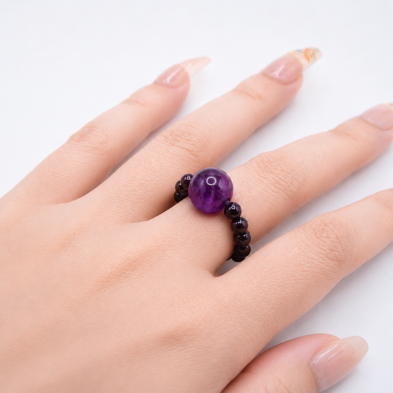 Natural Amethyst & Garnet Beaded Ring
