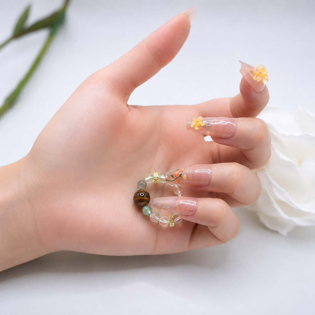 Bague œil de tigre naturel et quartz fantôme vert