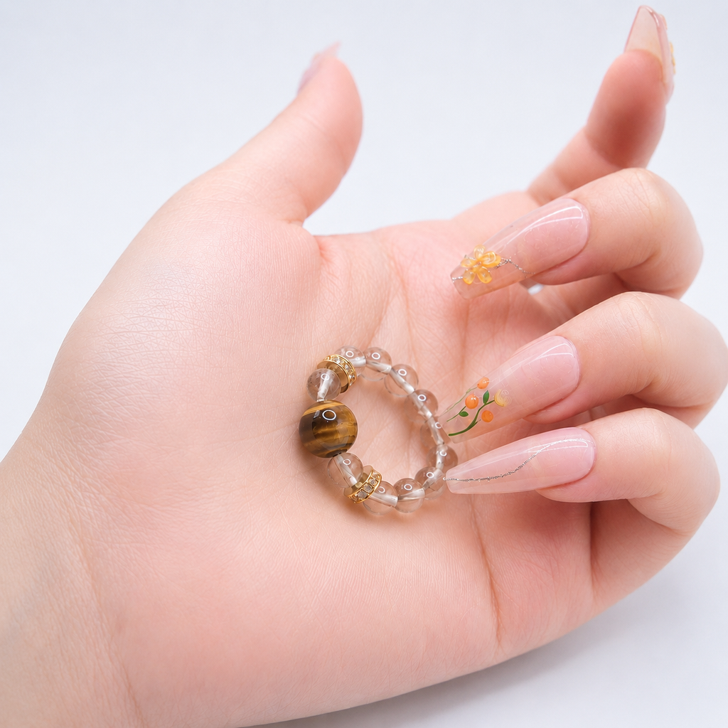 Natural Tiger's Eye & Clear Quartz Beaded Ring
