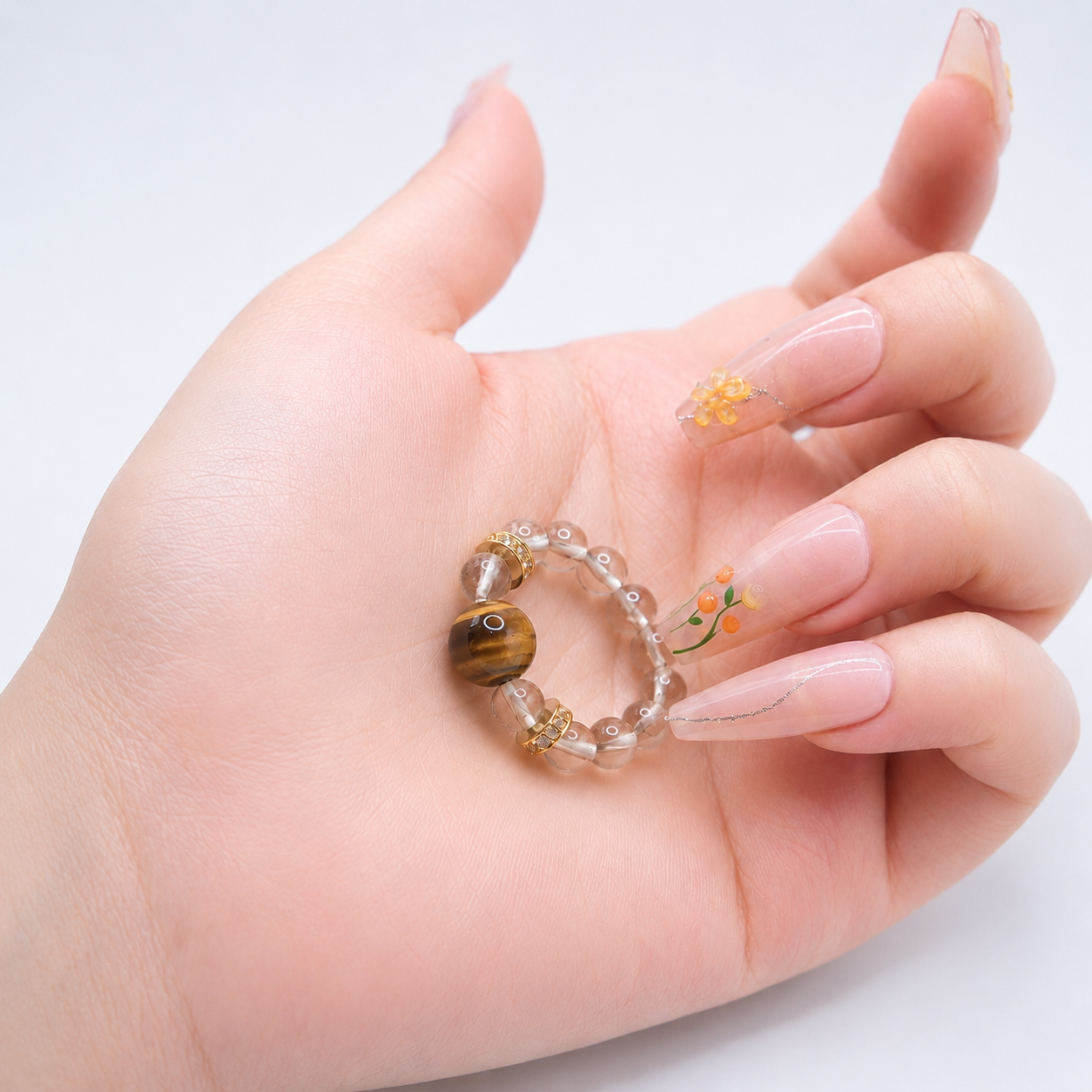 Natural Tiger's Eye & Clear Quartz Beaded Ring