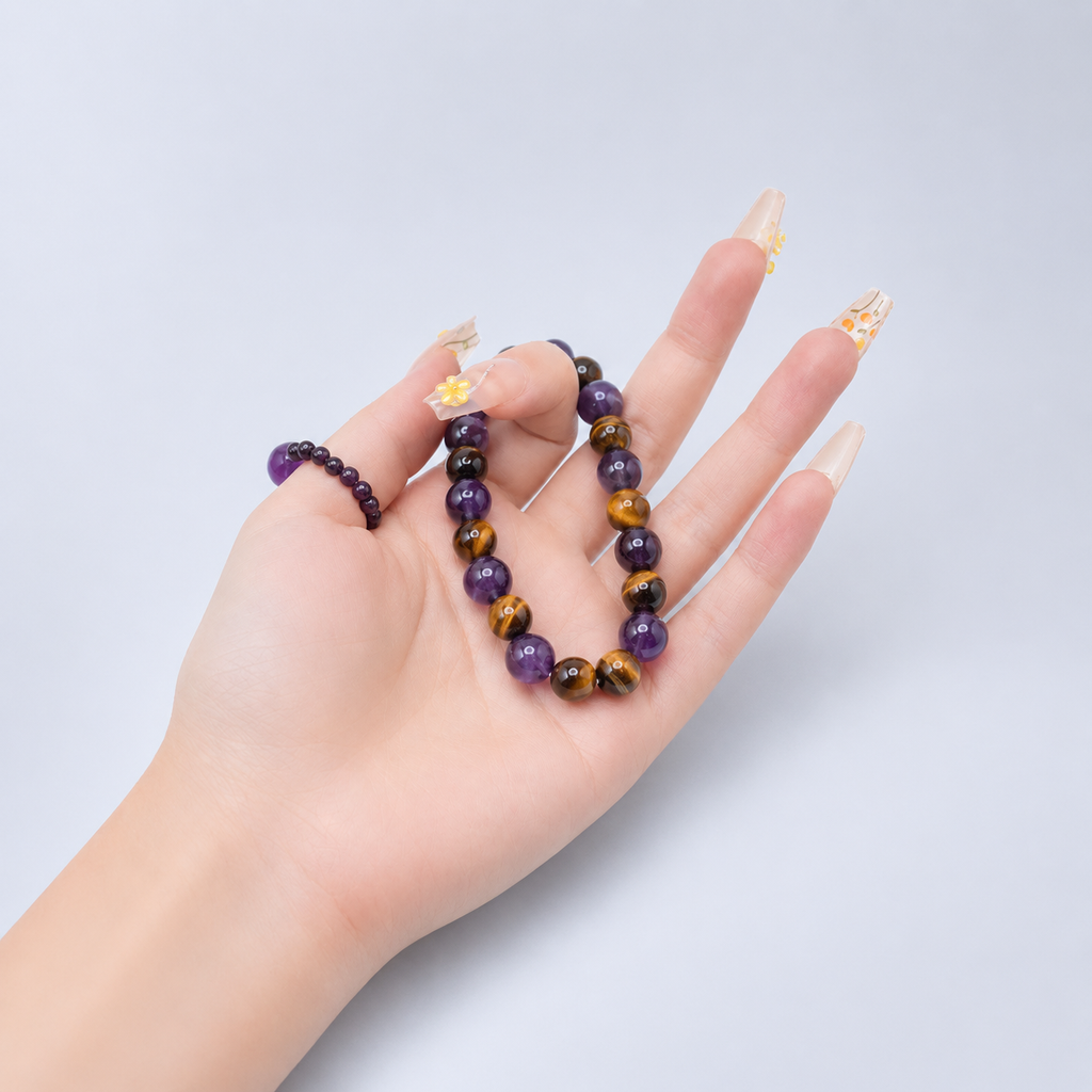 Natural Amethyst & Tiger's Eye Beaded Bracelet