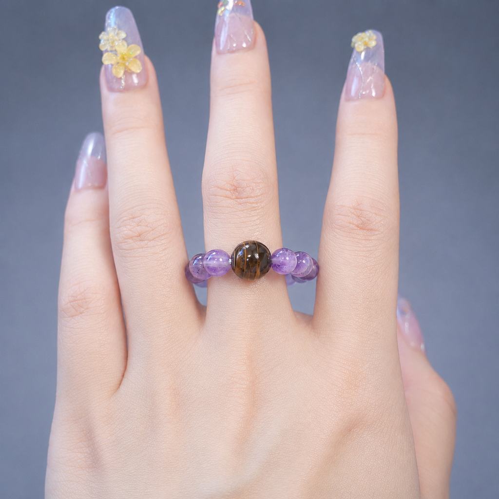 Natural Amethyst & Tiger's Eye Beaded Ring