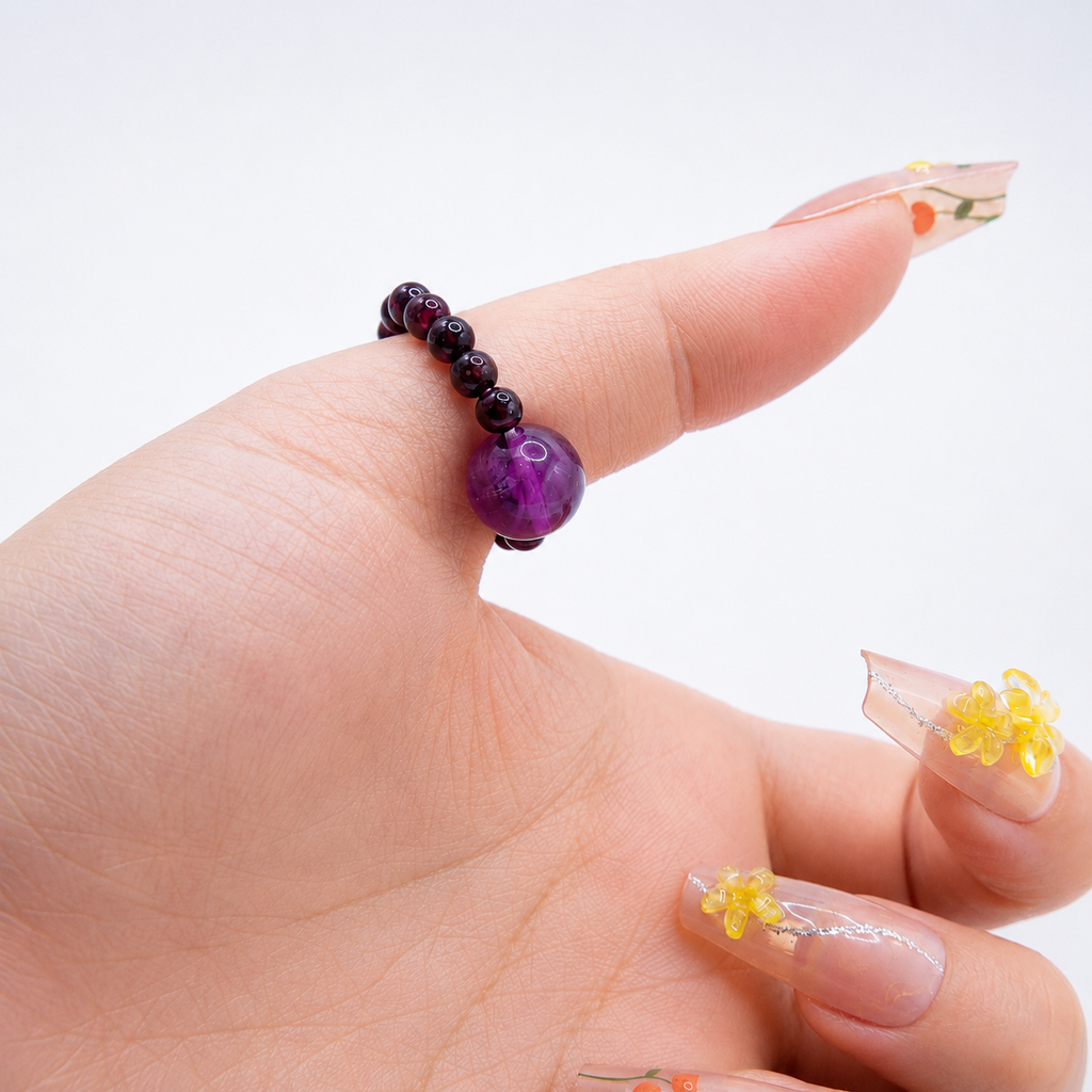 Natural Amethyst & Garnet Beaded Ring