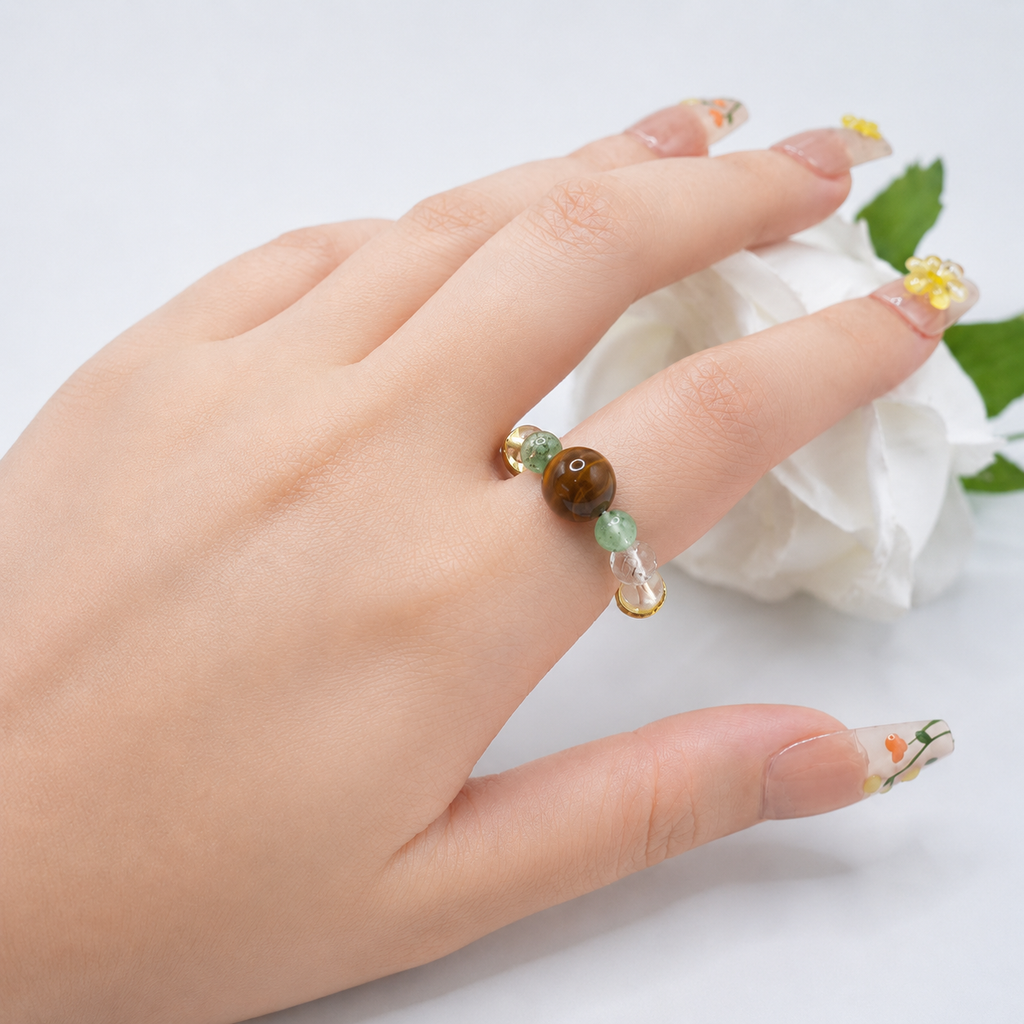 Bague œil de tigre naturel et quartz fantôme vert