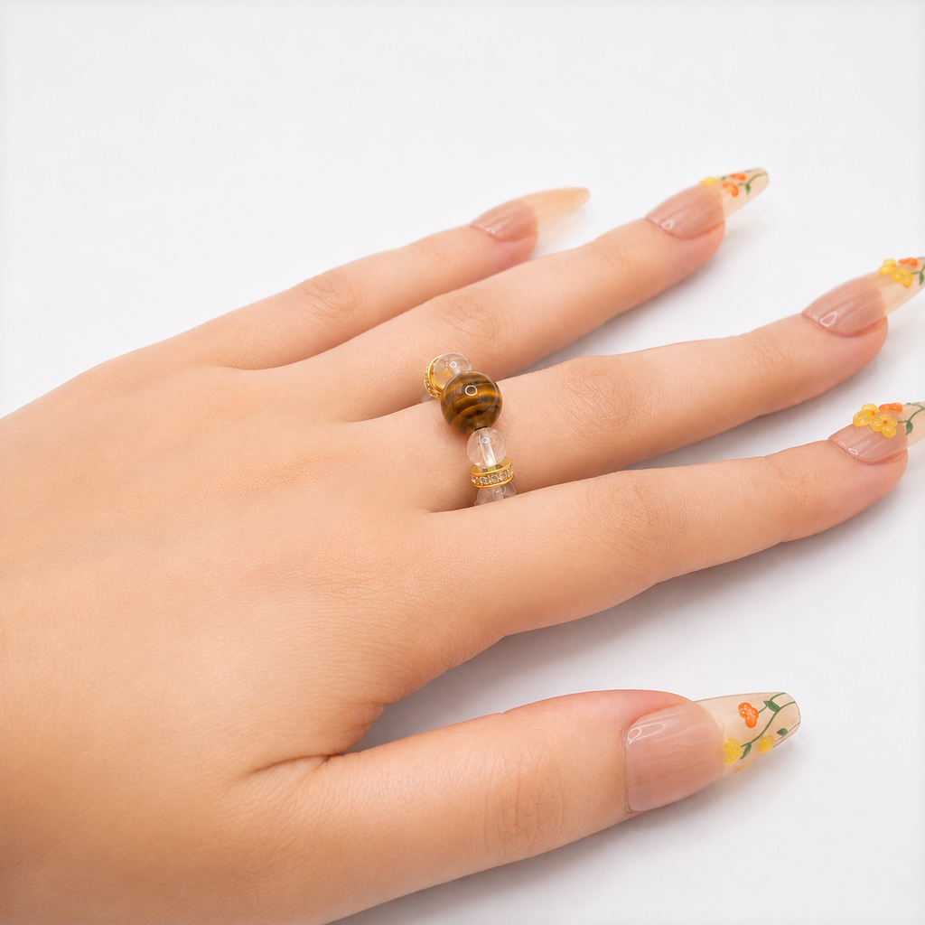 Natural Tiger's Eye & Clear Quartz Beaded Ring