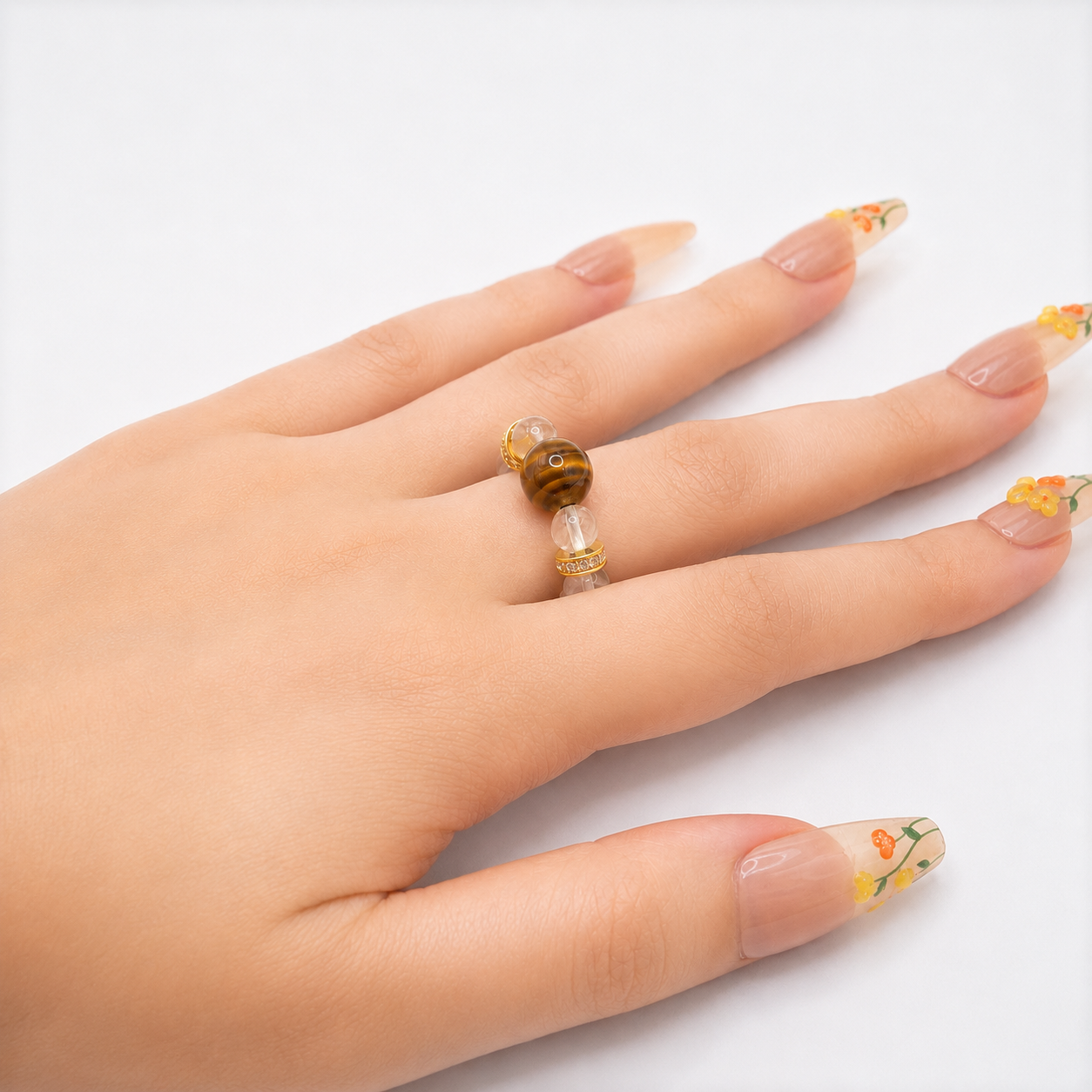 Natural Tiger's Eye & Clear Quartz Beaded Ring
