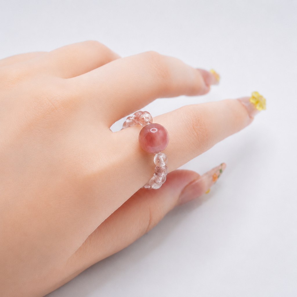 Natural Strawberry Quartz Beaded Ring