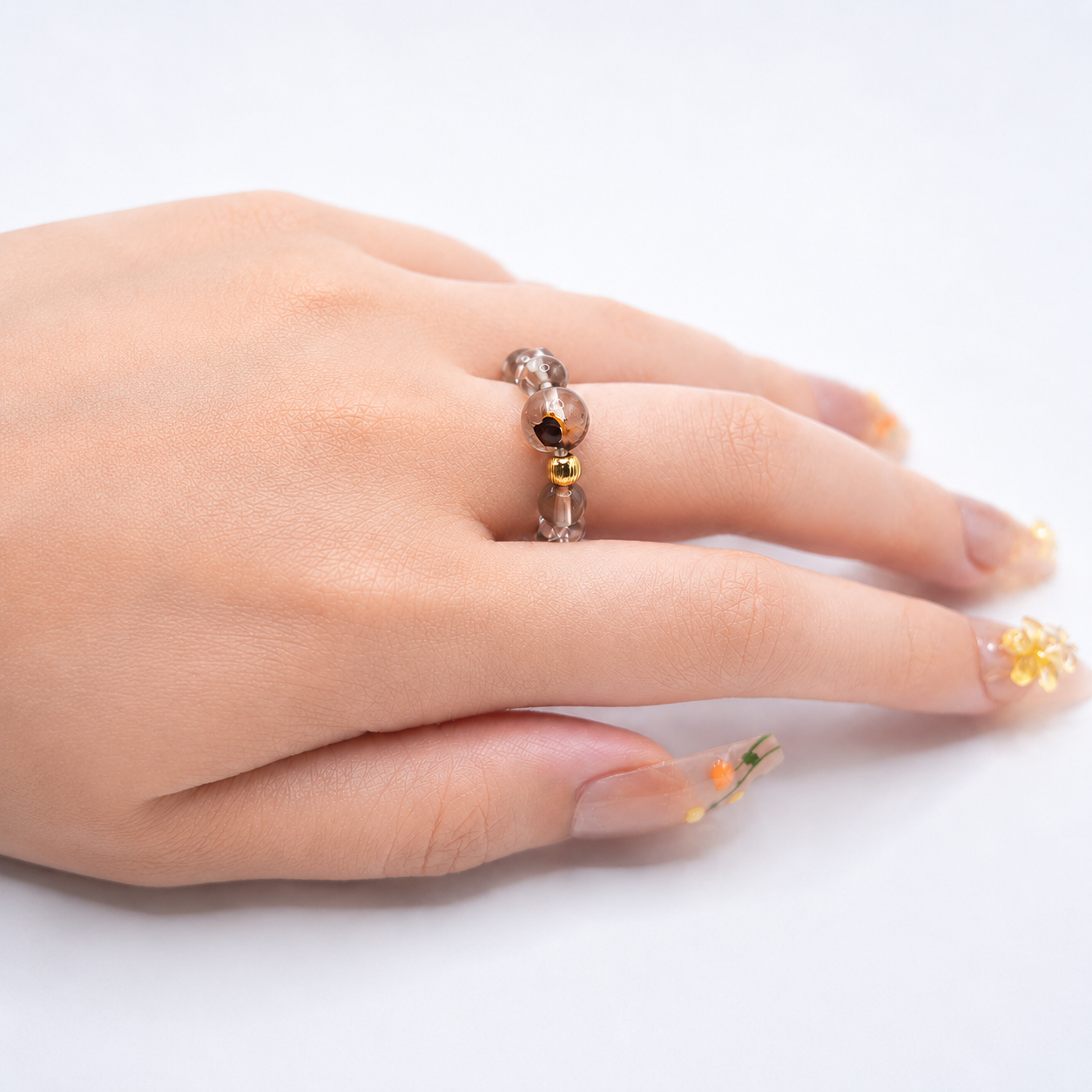 Natural Smoky Quartz & White Phantom Crystal Ring