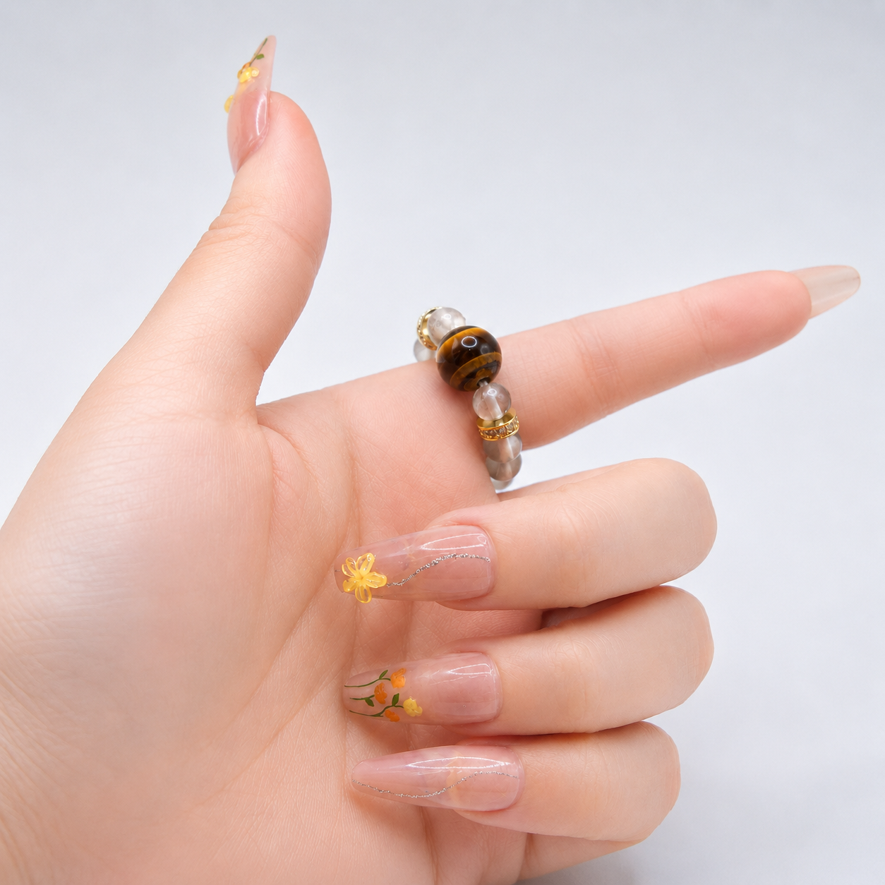 Natural Tiger's Eye & Clear Quartz Beaded Ring