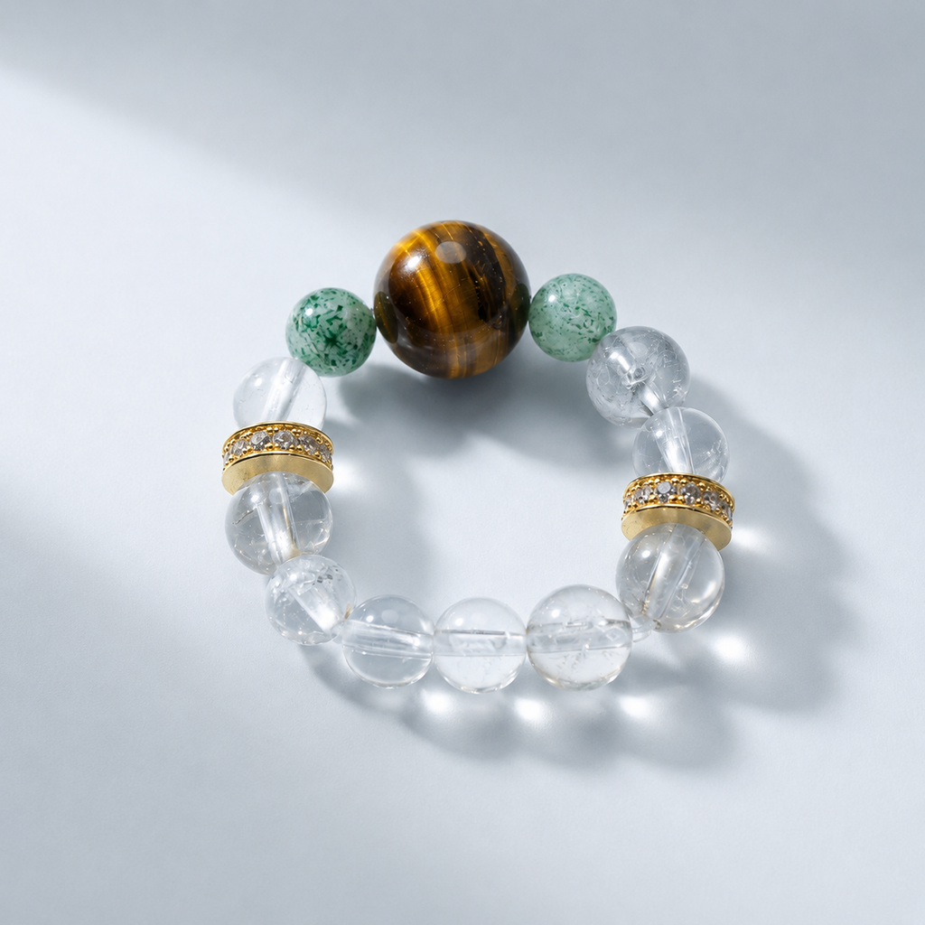 Bague œil de tigre naturel et quartz fantôme vert